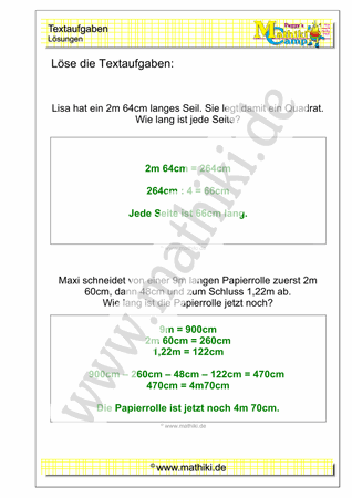 Textaufgaben zum Rechnen mit Längen - ©2011-2016, www.mathiki.de - Ihre Matheseite im Internet