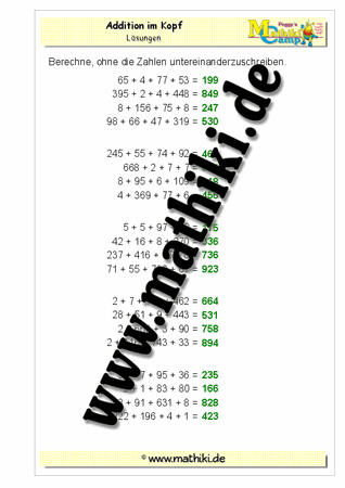 Addition im Kopf - ©2011-2016, www.mathiki.de - Ihre Matheseite im Internet