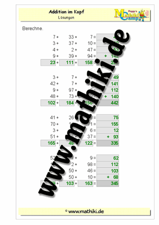 Addition in Zeilen und Spalten - ©2011-2016, www.mathiki.de - Ihre Matheseite im Internet