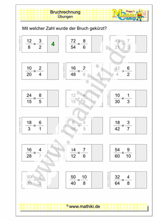 Brüche kürzen (II) (Klasse 5/6) - ©2020, www.mathiki.de