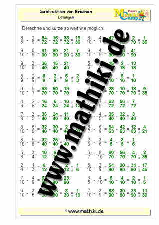 Ungleichnamige Brüche subtrahieren - ©2011-2018, www.mathiki.de