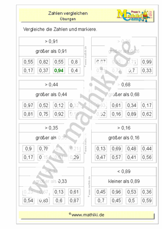 Dezimalzahlen vergleichen (I) (Klasse 5/6) - ©2011-2019, www.mathiki.de