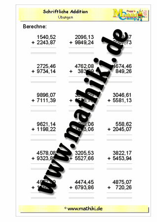Schriftliche Addition - ©2011-2016, www.mathiki.de - Ihre Matheseite im Internet