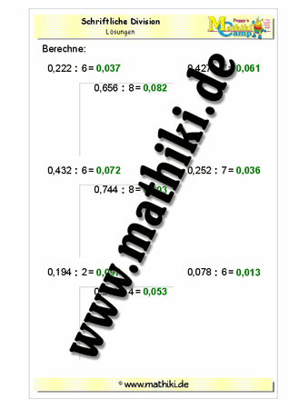 Division − Ergebnis drei Kommastellen (einstellig) - ©2011-2016, www.mathiki.de - Ihre Matheseite im Internet