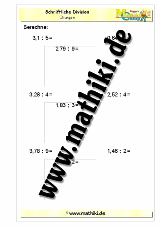 Division − Ergebnis zwei Kommastellen (einstellig) - ©2011-2016, www.mathiki.de - Ihre Matheseite im Internet