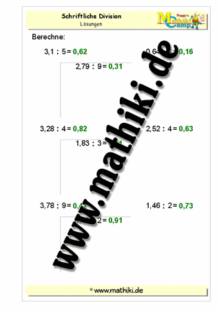Division − Ergebnis zwei Kommastellen (einstellig) - ©2011-2016, www.mathiki.de - Ihre Matheseite im Internet