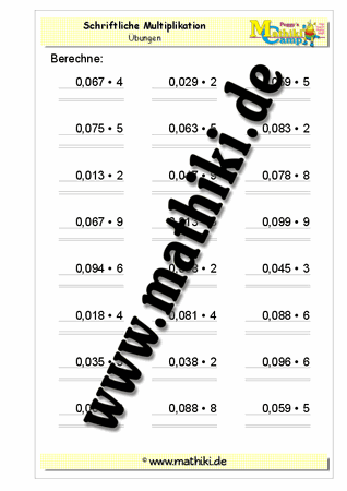 Multiplikation − drei Kommastellen (einstellig) - ©2011-2016, www.mathiki.de - Ihre Matheseite im Internet