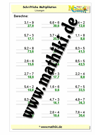 Multiplikation − eine Kommastelle (einstellig) - ©2011-2016, www.mathiki.de - Ihre Matheseite im Internet