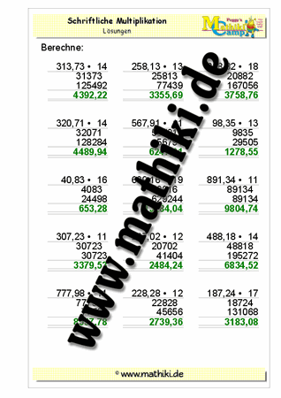 Multiplikation − zwei Kommastellen (zweistellig) - ©2011-2016, www.mathiki.de - Ihre Matheseite im Internet