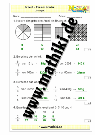 Brüche - 1. Klassenarbeit Mathe (Klasse 5/6) - ©2011 - 2016, www.mathiki.de