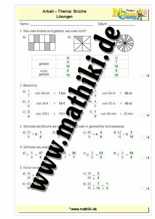 Brüche - 2. Klassenarbeit Mathe (Klasse 5/6) - ©2017, www.mathiki.de