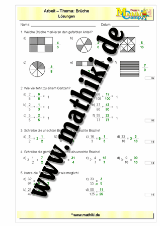Brüche - 3. Klassenarbeit Mathe (Klasse 5/6) - ©2017, www.mathiki.de