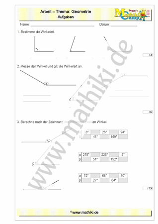 Winkel - 1. Klassenarbeit Mathe (Klasse 5/6) - ©2011-2019, www.mathiki.de