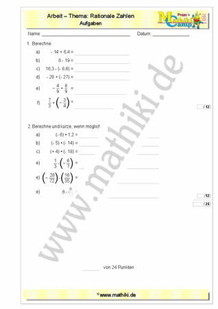 Rationale Zahlen - 1. Klassenarbeit Mathe (Klasse 5/6) - ©2011-2019, www.mathiki.de