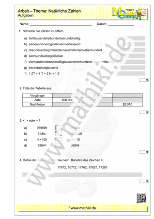 Natürliche Zahlen - 1. Klassenarbeit (Klasse 5/6) - ©2023, www.mathiki.de