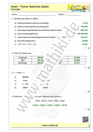 Natürliche Zahlen - 1. Klassenarbeit (Klasse 5/6) - ©2023, www.mathiki.de