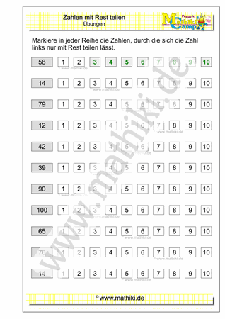Zahlen mit Rest teilen (Klasse 5/6) - ©2020, www.mathiki.de