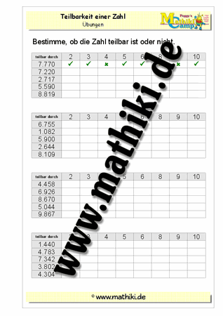 Teilbarkeit einer Zahl - ©2011-2016, www.mathiki.de - Ihre Matheseite im Internet
