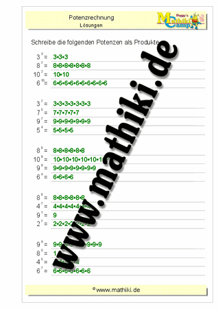 Potenzen umwandeln (I) (Klasse 5/6) - ©2011-2020, www.mathiki.de