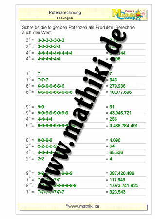 Potenzen umwandeln (II) (Klasse 5/6) - ©2011-2020, www.mathiki.de