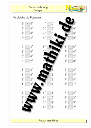 Potenzen vergleichen (Klasse 5/6) - ©2011-2020, www.mathiki.de