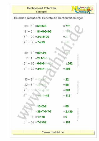 Rechnen mit Potenzen (Klasse 5/6) - ©2011-2020, www.mathiki.de