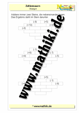 Große Zahlenmauern: Ganze Zahlen - ©2011-2016, www.mathiki.de - Ihre Matheseite im Internet