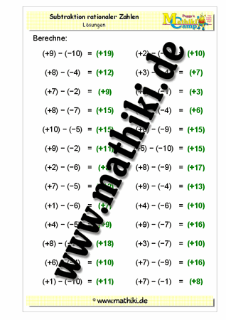 Ganze Zahlen: Subtraktion (+) − (−) - ©2011-2016, www.mathiki.de - Ihre Matheseite im Internet