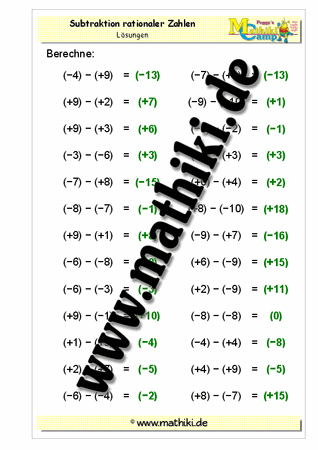 Ganze Zahlen: Subtraktion (gemischt) − (gemischt) - ©2011-2016, www.mathiki.de - Ihre Matheseite im Internet