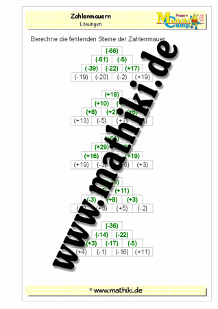 Zahlenmauern: Ganze Zahlen mittel - ©2011-2016, www.mathiki.de - Ihre Matheseite im Internet