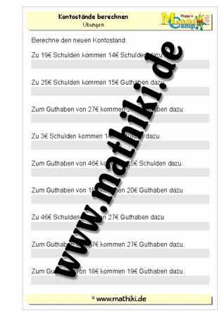 Ganze Zahlen: Kontostände berechnen - ©2011-2016, www.mathiki.de - Ihre Matheseite im Internet