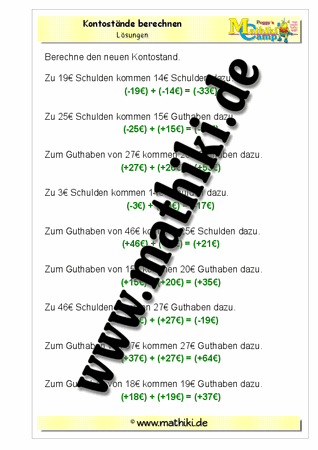 Ganze Zahlen: Kontostände berechnen - ©2011-2016, www.mathiki.de - Ihre Matheseite im Internet