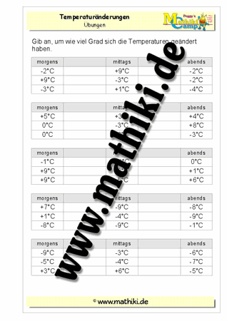 Ganze Zahlen: Temperaturänderungen - ©2011-2016, www.mathiki.de - Ihre Matheseite im Internet