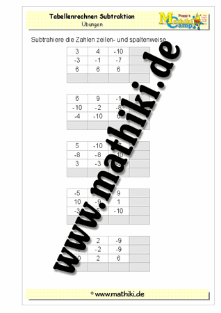 Tabellenrechnen: Subtraktion ganzer Zahlen - ©2011-2016, www.mathiki.de - Ihre Matheseite im Internet