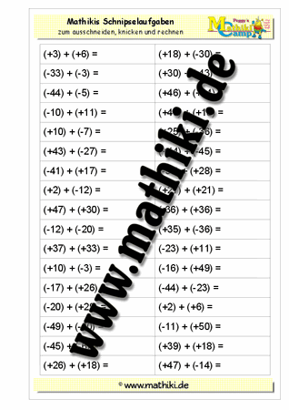 Schnipselaufgaben: Addition mit rationalen Zahlen - ©2011-2016, www.mathiki.de - Ihre Matheseite im Internet