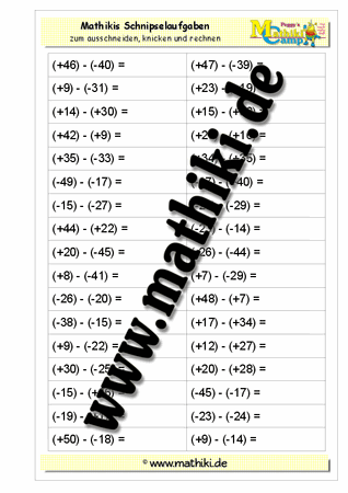 Schnipselaufgaben: Subtraktion mit rationalen Zahlen - ©2011-2016, www.mathiki.de - Ihre Matheseite im Internet