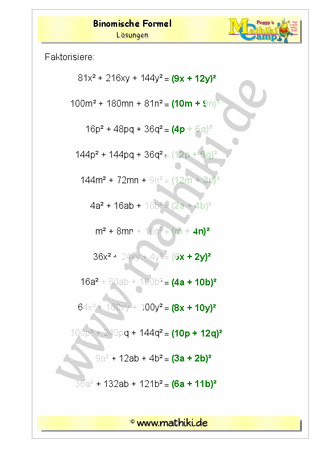 Binomische Formeln (II) (Klasse 7/8) - ©2011-2019, www.mathiki.de