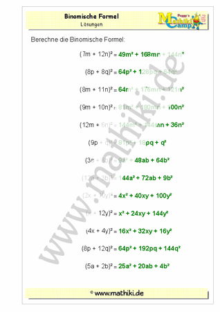 Binomische Formeln (I) (Klasse 7/8) - ©2011-2019, www.mathiki.de