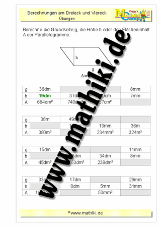 Parallelogramm: Flächeninhalt / Grundseite / Höhe - ©2011-2019, www.mathiki.de