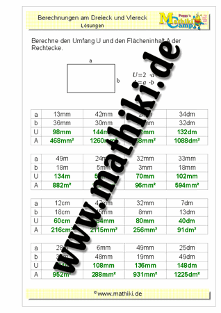 Rechteck: Flächeninhalt / Umfang - ©2011-2019, www.mathiki.de