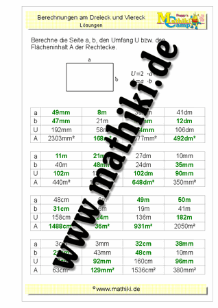 Rechteck: Flächeninhalt / Umfang / Seiten - ©2011-2019, www.mathiki.de