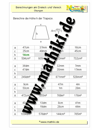 Trapez: Höhe berechnen - ©2011-2019, www.mathiki.de