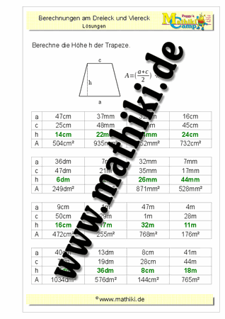 Trapez: Höhe berechnen - ©2011-2019, www.mathiki.de