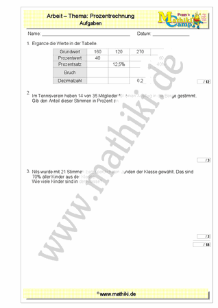 Prozentrechnung - 1. Klassenarbeit Mathe (Klasse 7/8) - ©2011-2019, www.mathiki.de