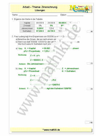 Zinsrechnung - 1. Klassenarbeit Mathe (Klasse 7/8) - ©2011-2019, www.mathiki.de