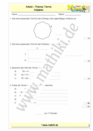 Terme - 1. Klassenarbeit Mathe (Klasse 7/8) - ©2011-2019, www.mathiki.de