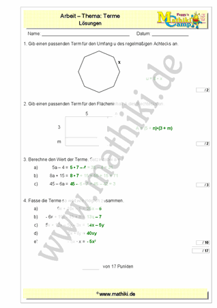 Terme - 1. Klassenarbeit Mathe (Klasse 7/8) - ©2011-2019, www.mathiki.de