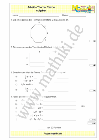 Terme - 2. Klassenarbeit Mathe (Klasse 7/8) - ©2011-2019, www.mathiki.de