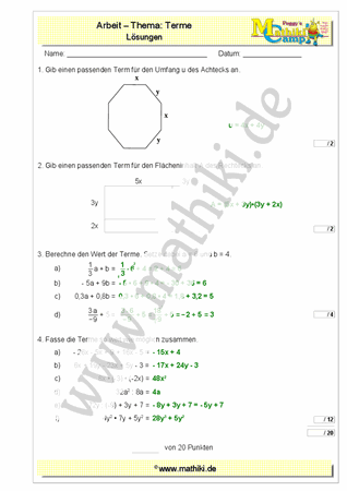 Terme - 2. Klassenarbeit Mathe (Klasse 7/8) - ©2011-2019, www.mathiki.de