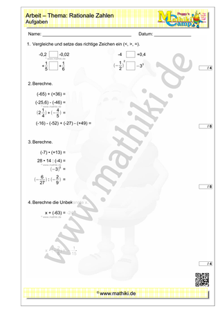 Rationale Zahlen - 1. Klassenarbeit Mathe (Klasse 7/8) - ©2011-2022, www.mathiki.de